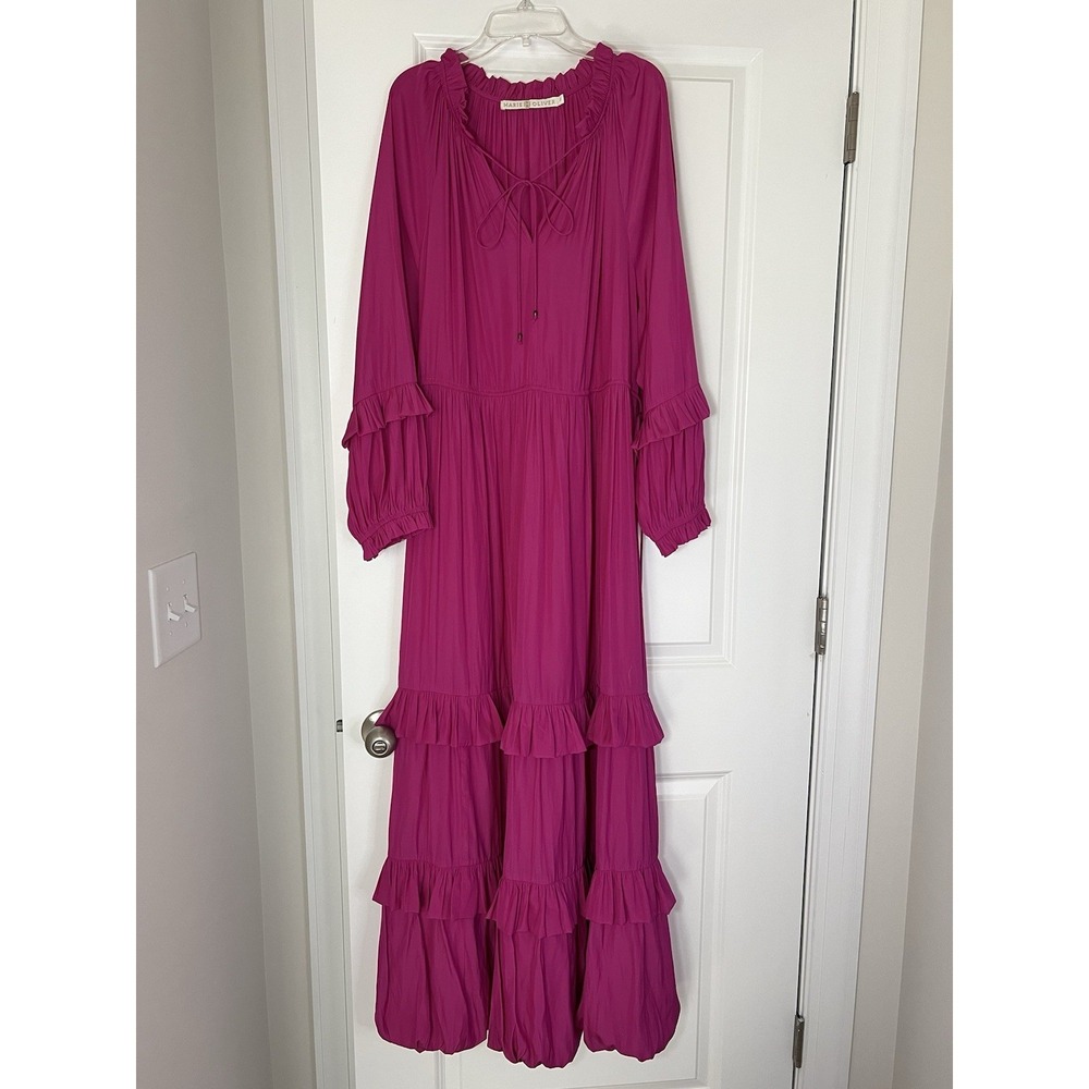 Marie‎ Oliver Fuschia Hot Pink Long Sleeve Ruffle Bubble Hem Maxi Dress XL